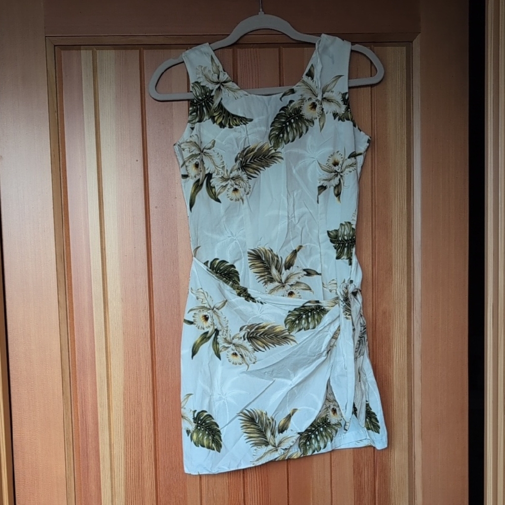 Kys White Mini Dress with Green and Cream Tropical Print